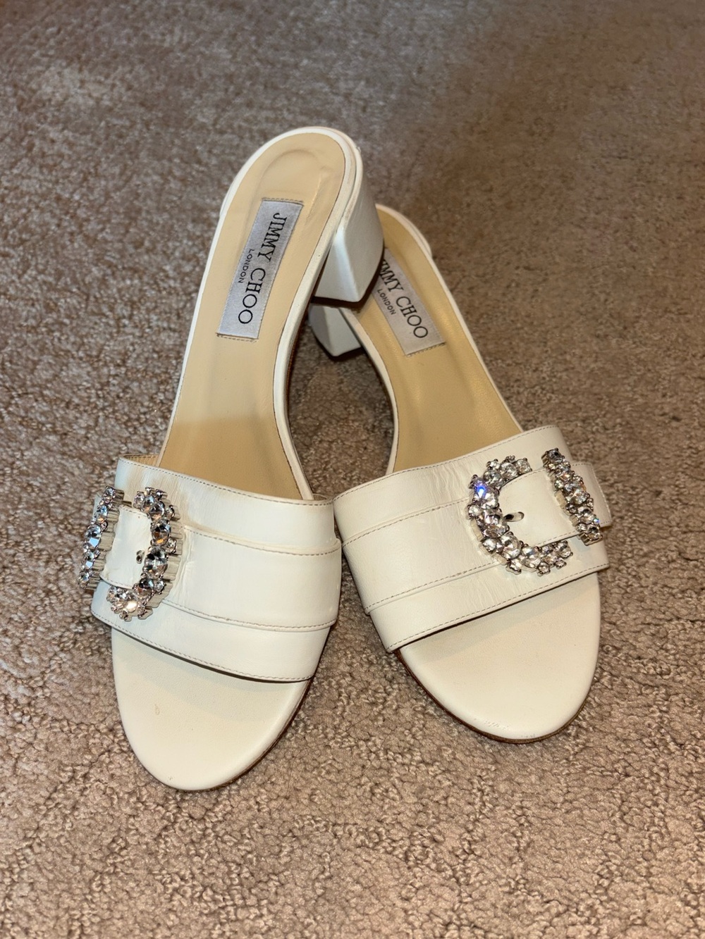 Jimmy Choo Ivory Leather Crystal-Buckle Slide Mules